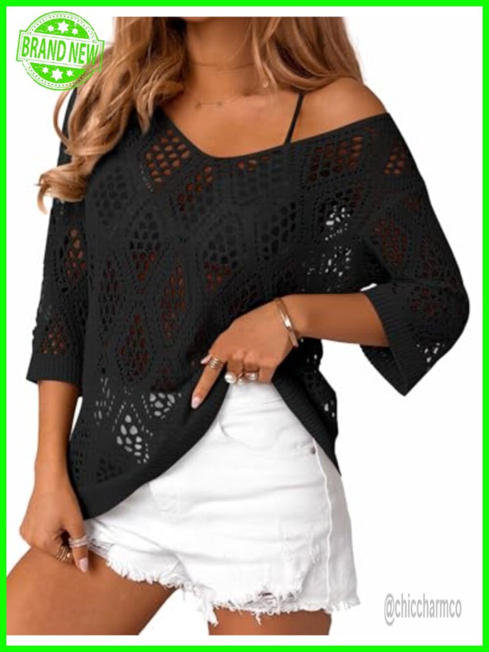 Womens Crochet Cover Up Top 3/4 Sleeve V Neck Boho Beach Summer Knit Blouse